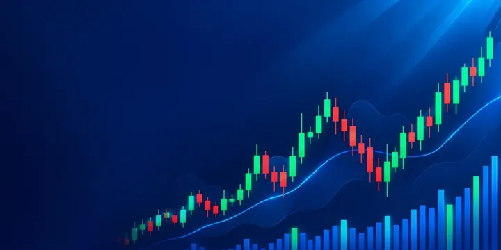 Large glowing forex candlestick chart with rising and falling candles