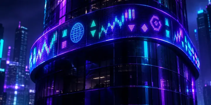 Glowing LED stock ticker tape with abstract symbols scrolling across a building