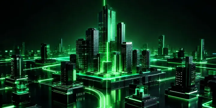 Digital city built from blocks and light paths